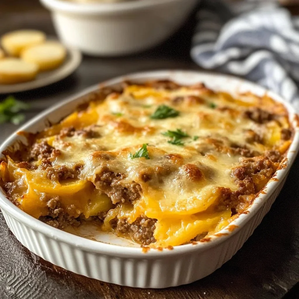 Cheesy hamburger potato casserole dish served in a baking dish