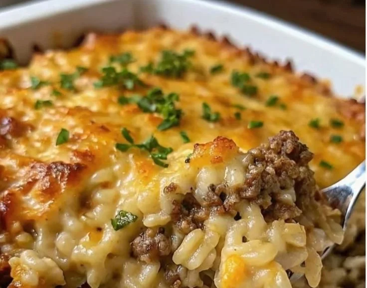 A delicious cheesy hamburger rice casserole served in a baking dish