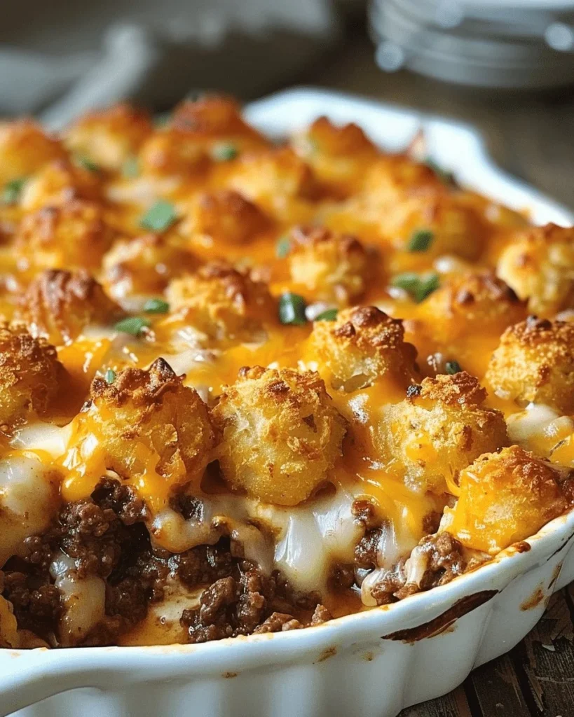 Cheesy Tater Tot Casserole with Ground Beef served in a baking dish.