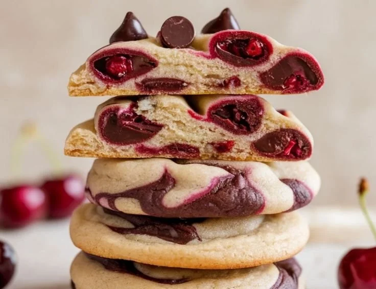 Plate of cherry chocolate chip cookies with mocha chips on a wooden table