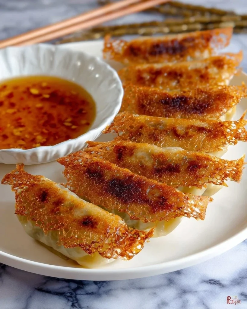 Chicken Potstickers with a crispy skirt served on a plate