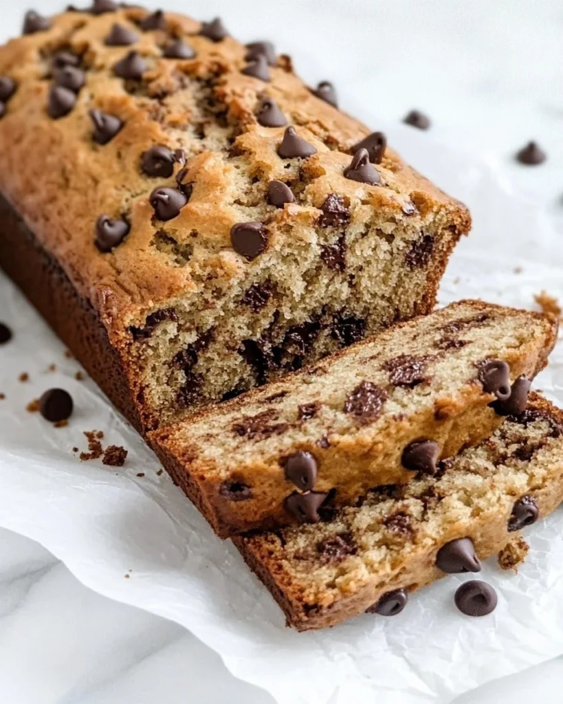 Loaf of chocolate chip banana bread with slices served on a plate