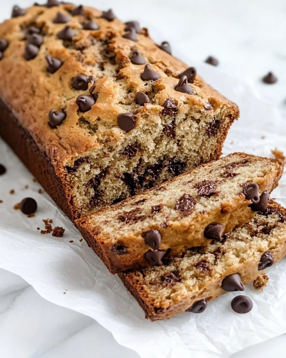 Loaf of chocolate chip banana bread with slices served on a plate