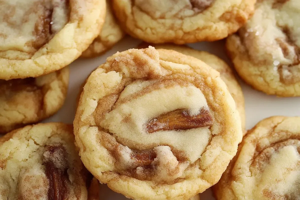 Delicious cinnamon roll cookies topped with icing and cinnamon sugar
