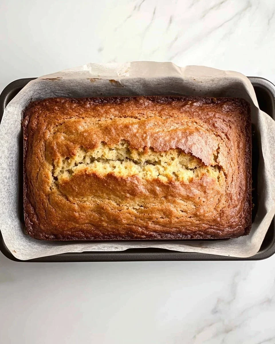 Loaf of classic banana bread, freshly baked and sliced on a wooden cutting board.