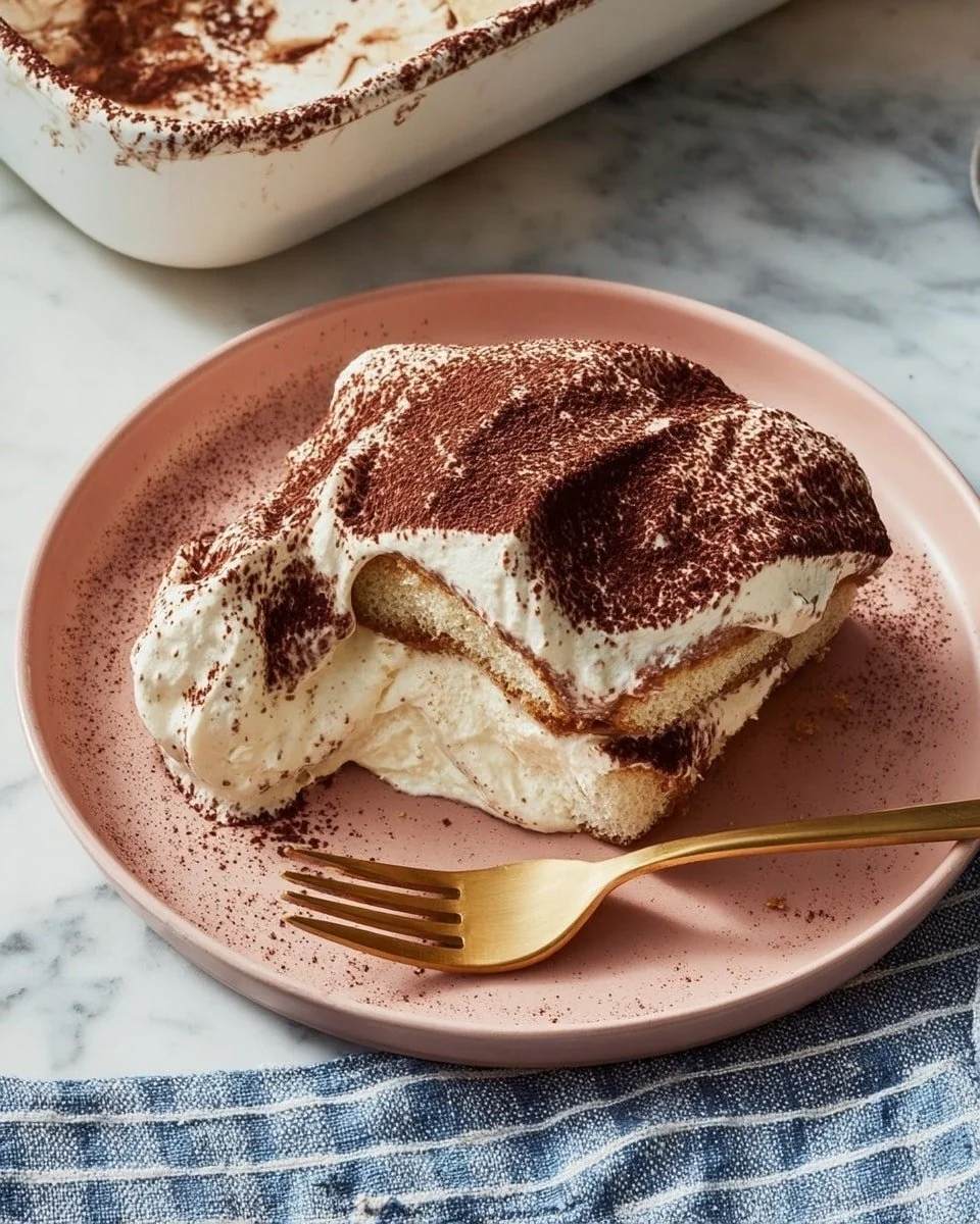Delicious classic Italian tiramisu served on a plate with cocoa powder on top.