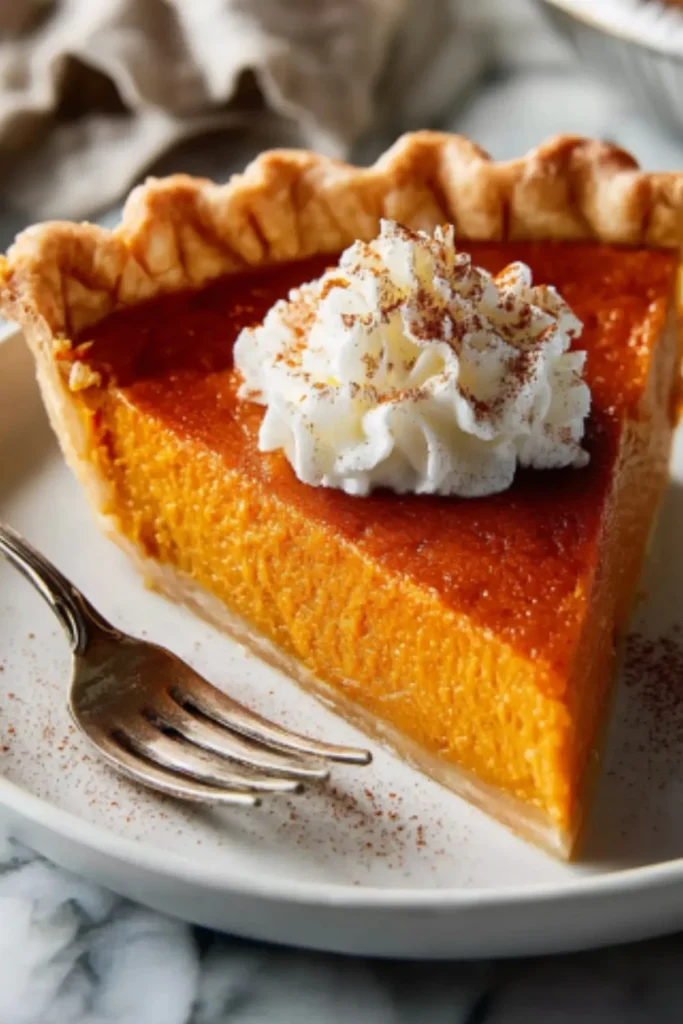 Delicious slice of classic pumpkin pie with whipped cream