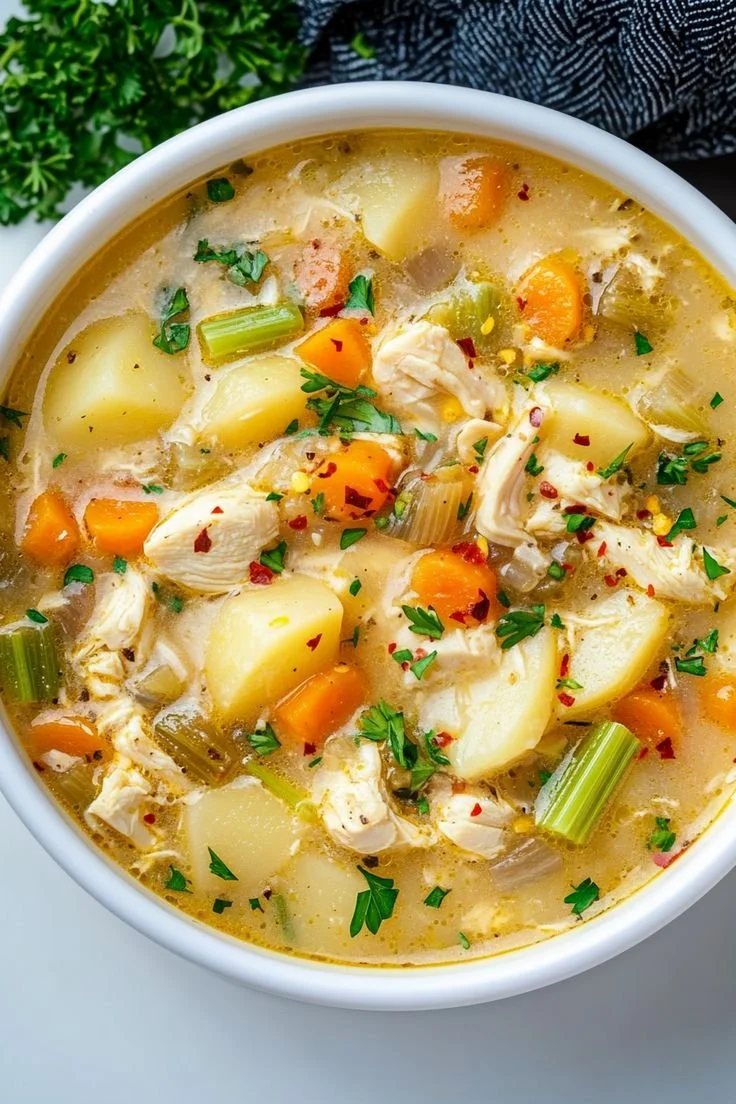 Bowl of comforting chicken soup with potatoes and herbs