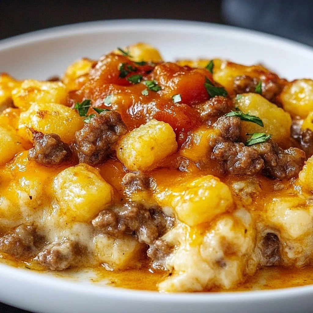 Delicious Cowboy Casserole topped with cheese and crispy toppings