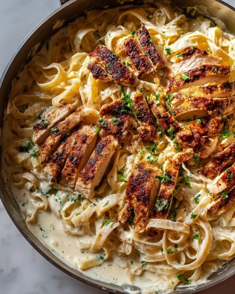 Creamy lemon chicken pasta with fresh herbs and lemon slices