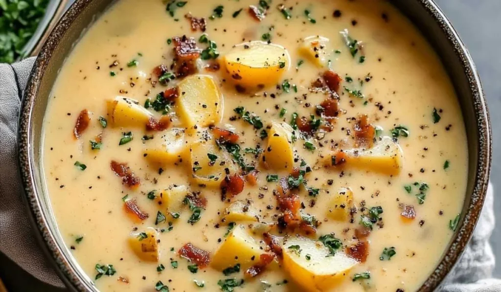 Bowl of creamy potato soup garnished with herbs and served with bread