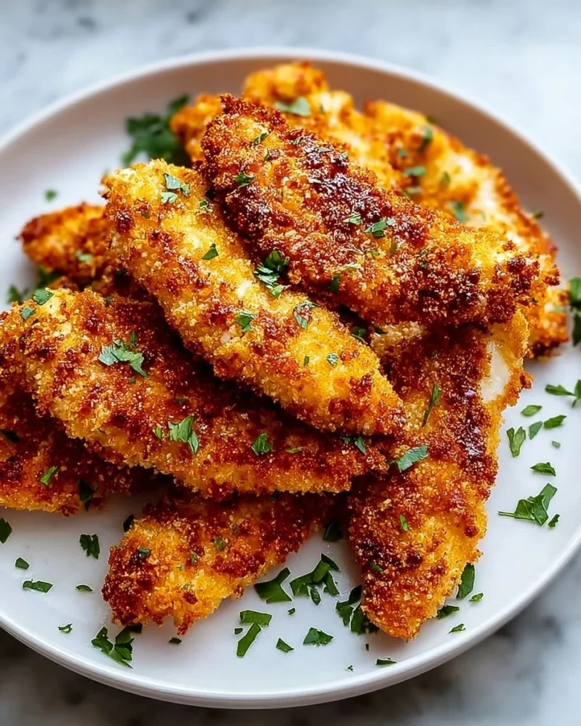Crispy and crunchy baked chicken tenders served on a plate with dipping sauce.