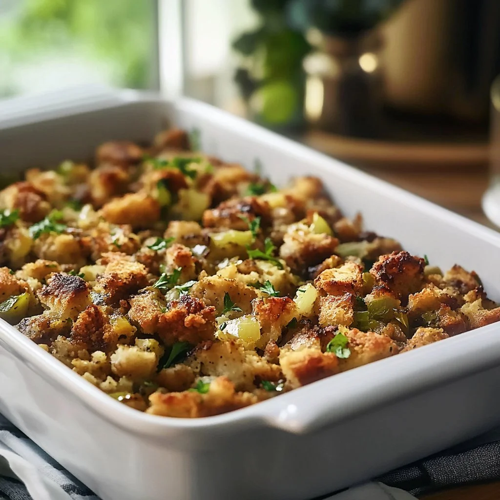 Grandma's Thanksgiving stuffing recipe with herbs and vegetables in a baking dish.