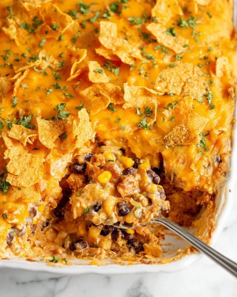 Delicious Doritos Chicken Casserole topped with crunchy chips and creamy sauce