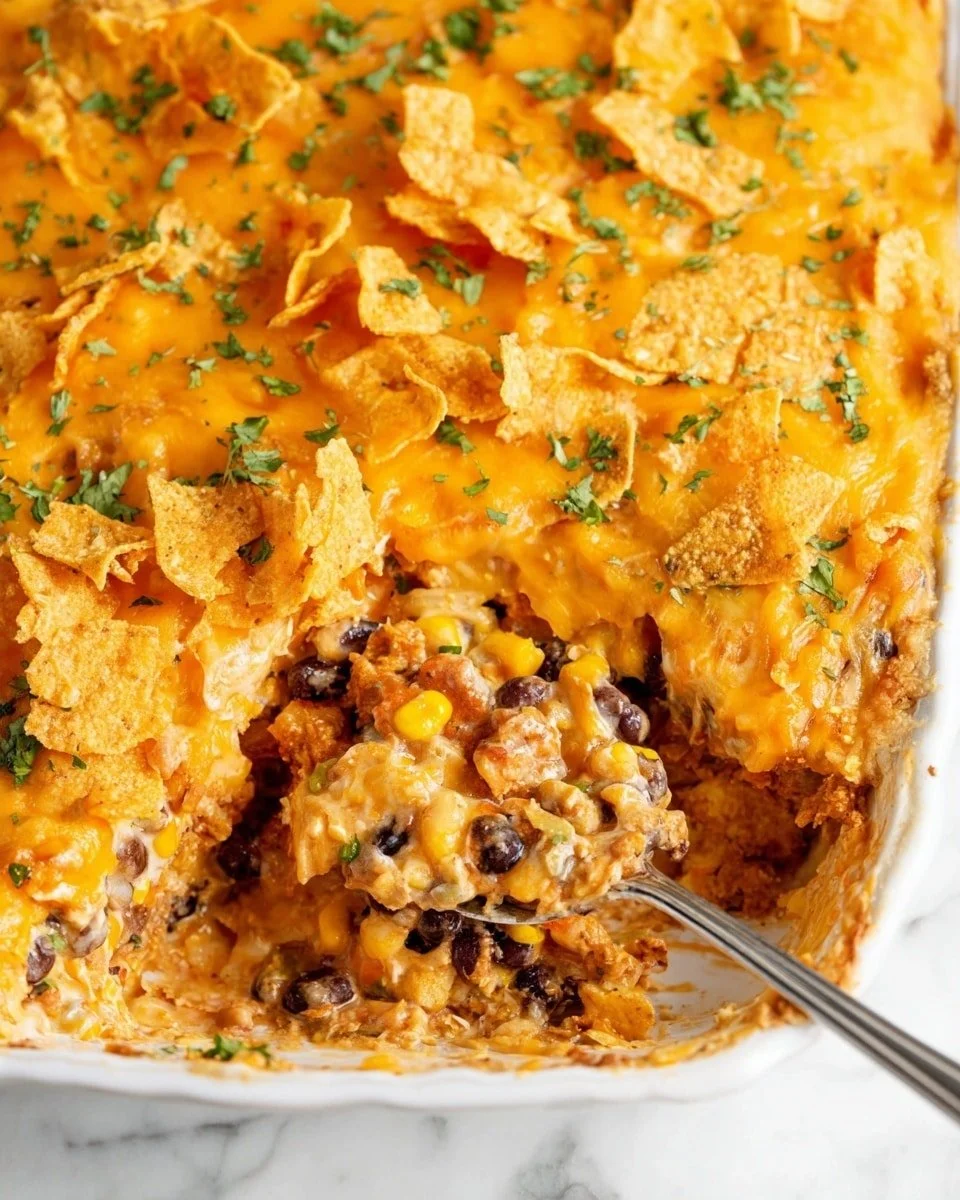 Delicious Doritos Chicken Casserole topped with crunchy chips and creamy sauce
