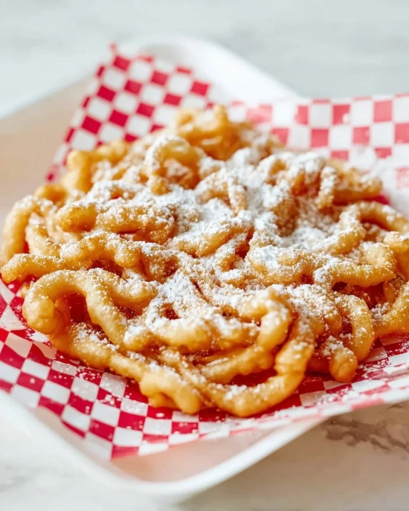 Delicious homemade funnel cake topped with powdered sugar.