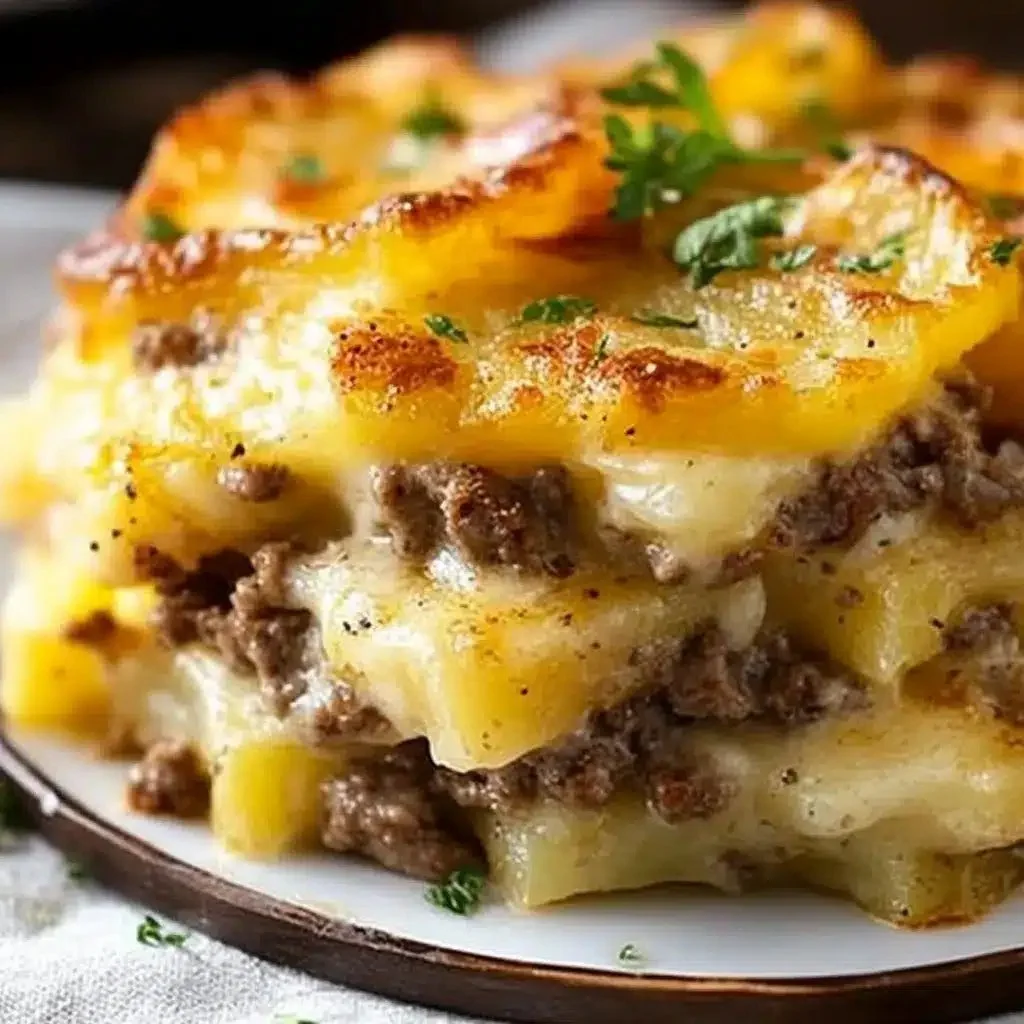 Delicious hamburger potato casserole baked in a dish with layers of cheese and potatoes