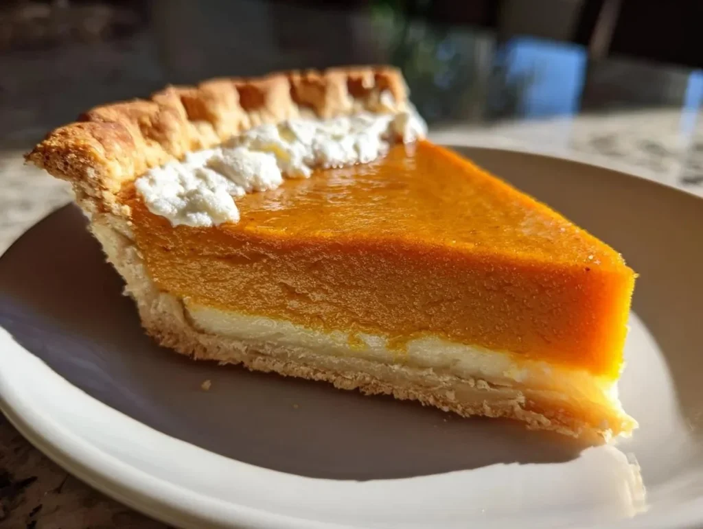 Homemade easy pumpkin pie sliced on a decorative plate