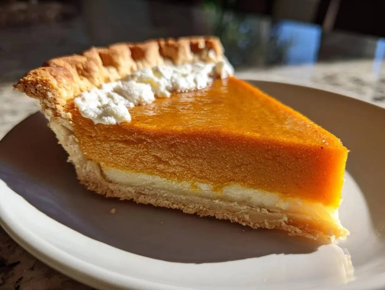 Homemade easy pumpkin pie sliced on a decorative plate