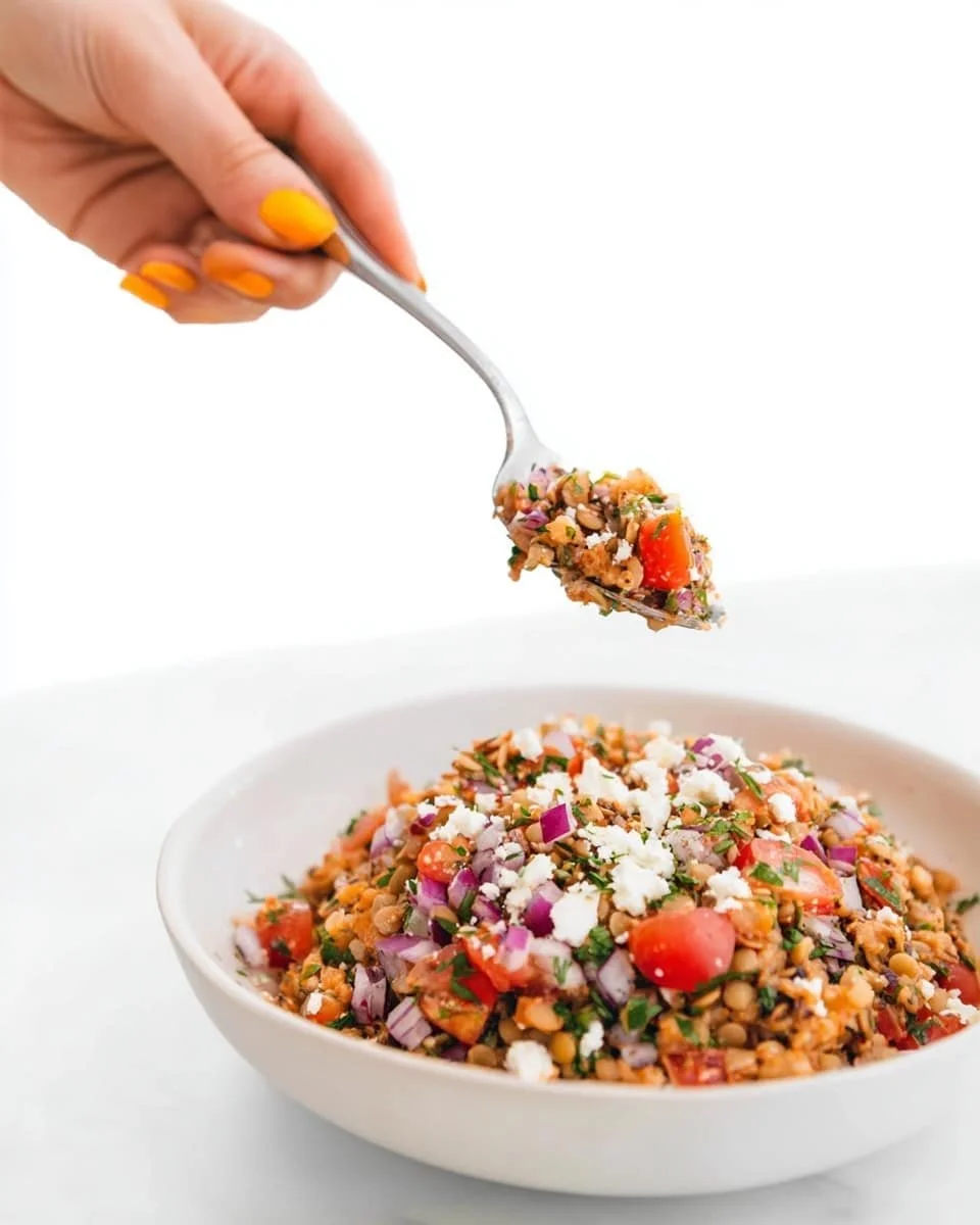 Delicious Farro Greek Salad with fresh vegetables and herbs
