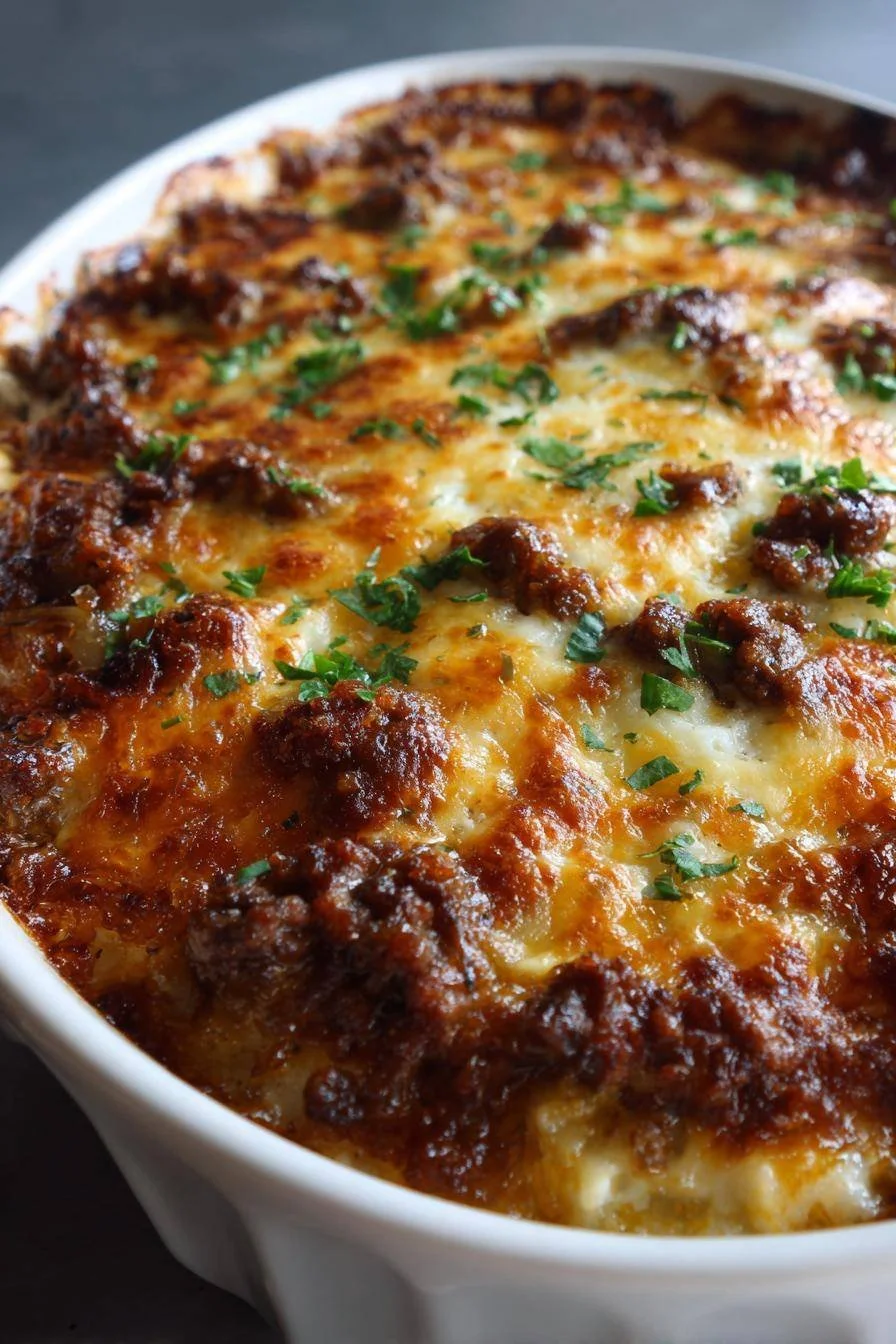Delicious French Onion Casserole topped with melted cheese and crispy bread
