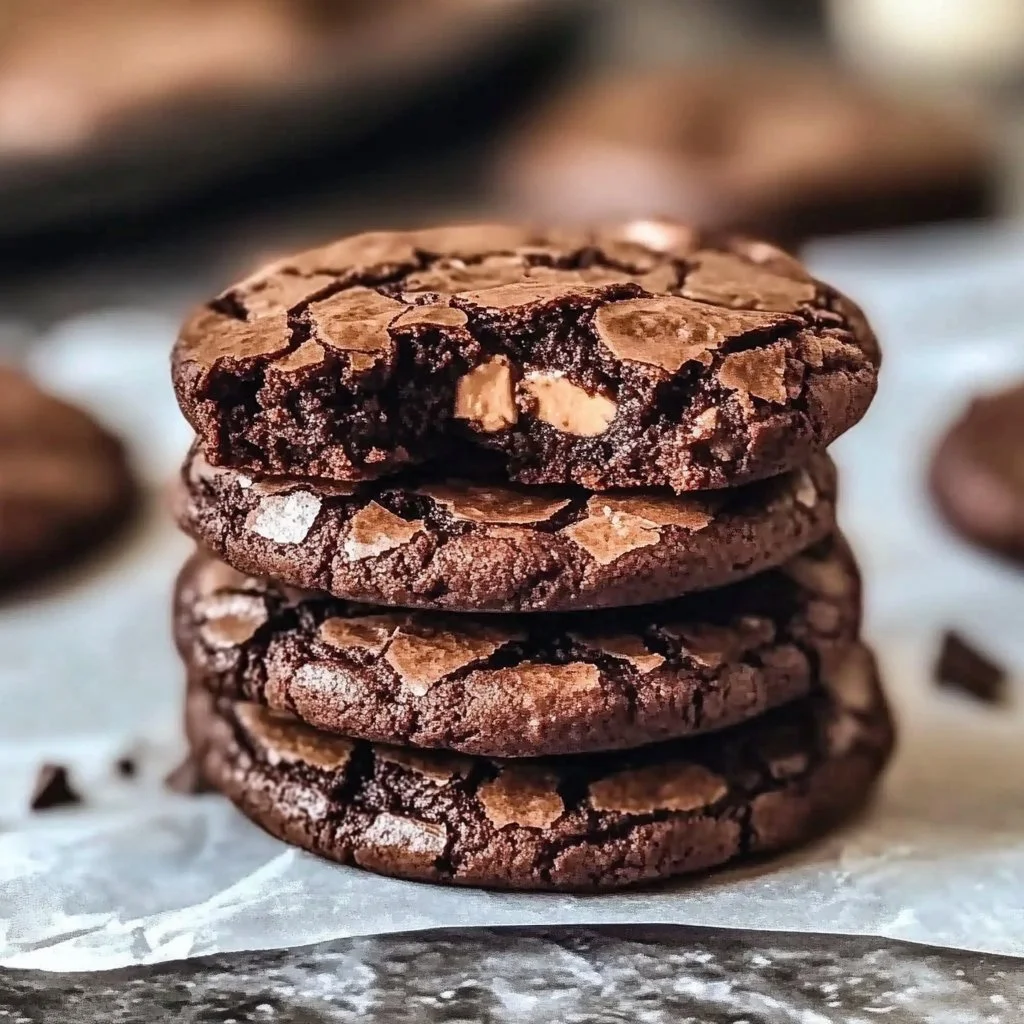 Fudgy brownie cookies fresh from the oven with chocolate chunks and a glossy finish.
