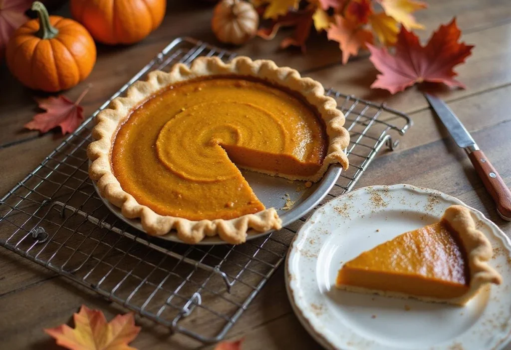 A slice of Grandma's classic pumpkin pie topped with whipped cream