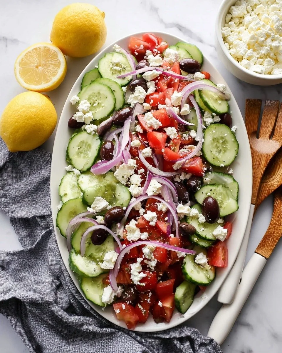 Greek cucumber salad with tomatoes, olives, and feta cheese in a bowl