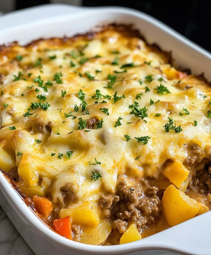 Delicious ground beef casserole served in a baking dish topped with cheese