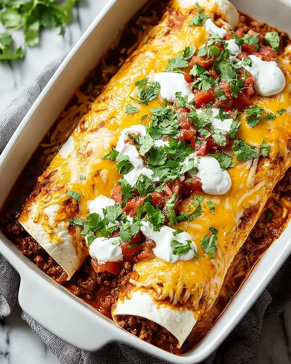 Homemade ground beef enchiladas topped with cheese and red sauce