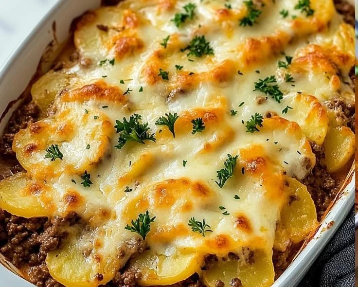 A hearty ground beef potato casserole topped with cheese and herbs.