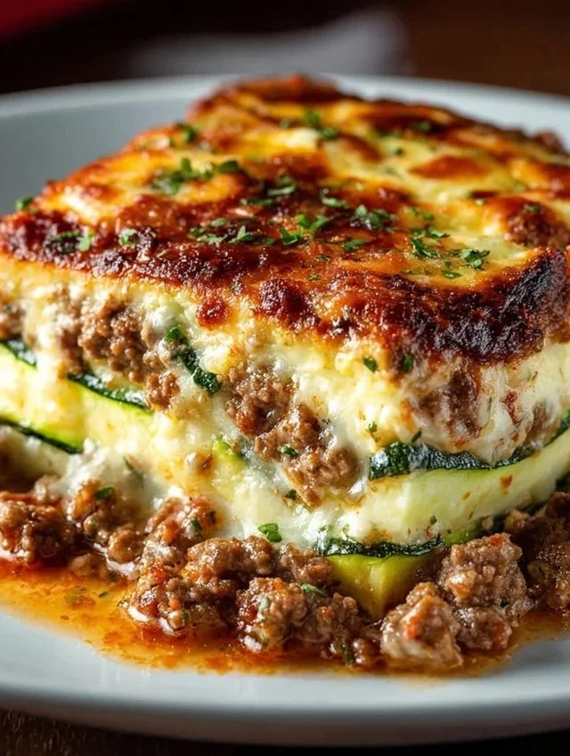 Ground beef zucchini casserole served in a dish with melted cheese on top.
