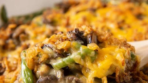 Delicious Hamburger Green Bean Casserole with Mushrooms served in a dish