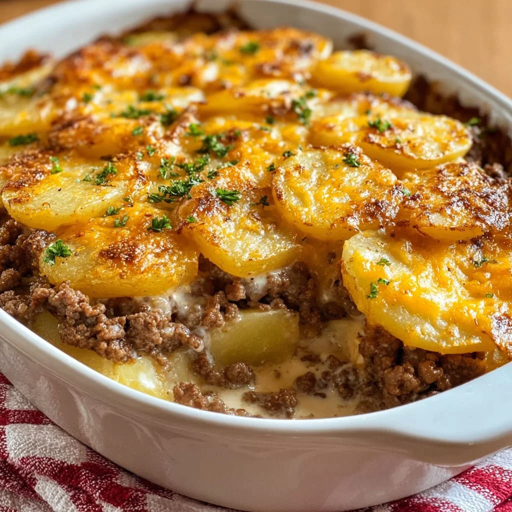 Delicious Hamburger Potato Casserole served in a baking dish with melted cheese on top