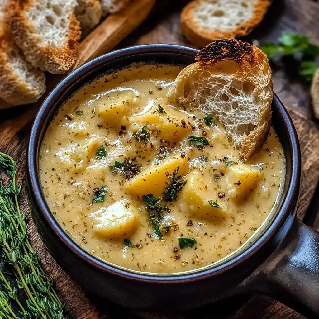 Bowl of hearty cheddar garlic herb potato soup topped with fresh herbs.