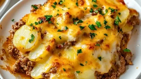 Delicious Hobo Casserole with ground beef, vegetables, and cheese.