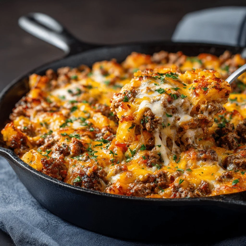 Bowl of Hobo Casserole with ground beef, potatoes, and vegetables