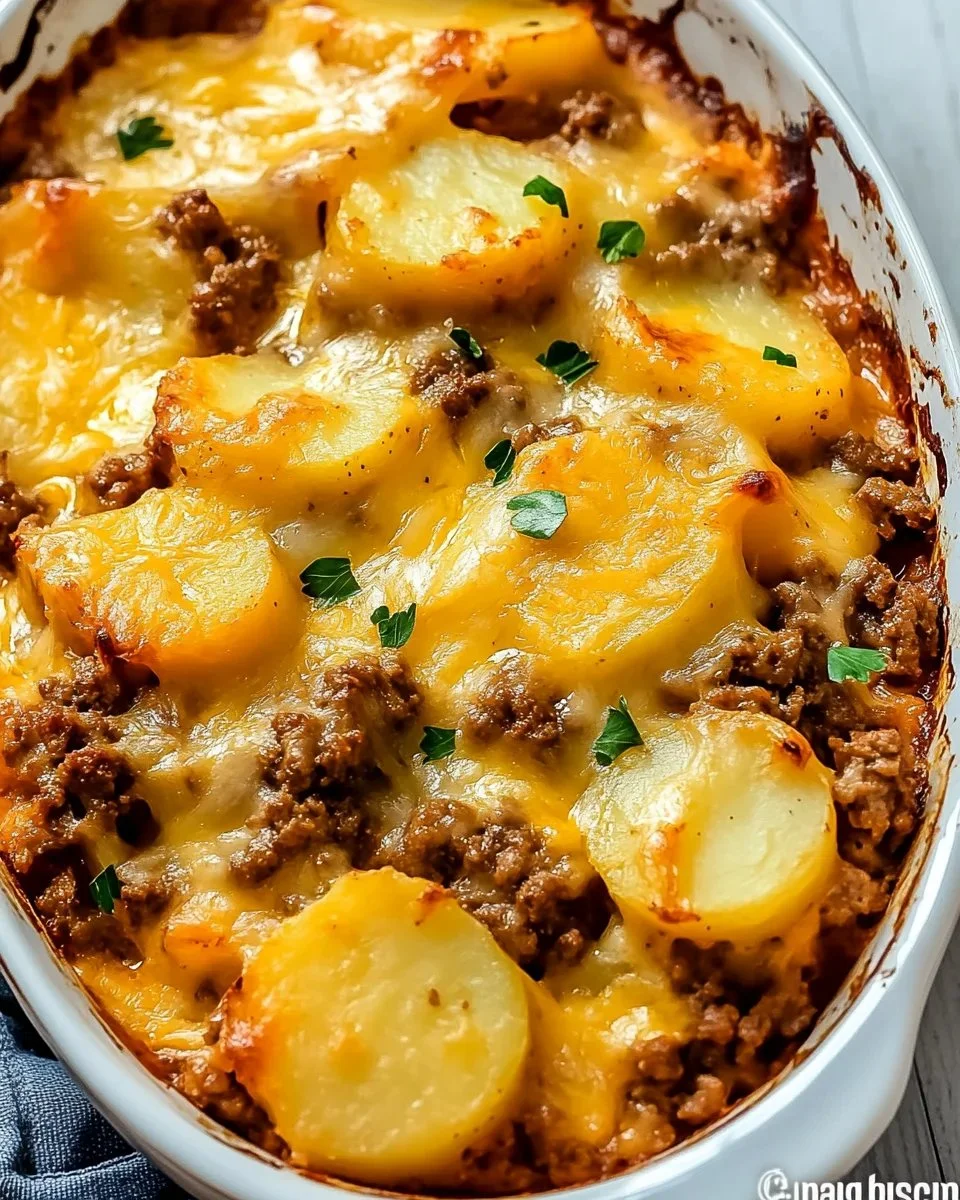 A delicious serving of Hobo Casserole with layers of ingredients in a baking dish.