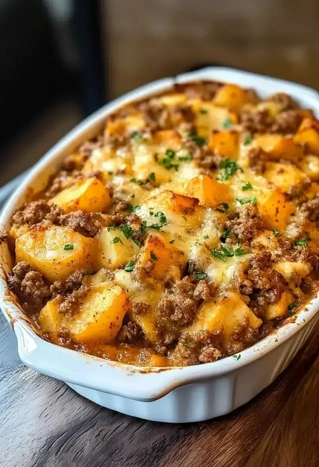 Delicious Hobo Casserole ready to serve, featuring meat and vegetables.