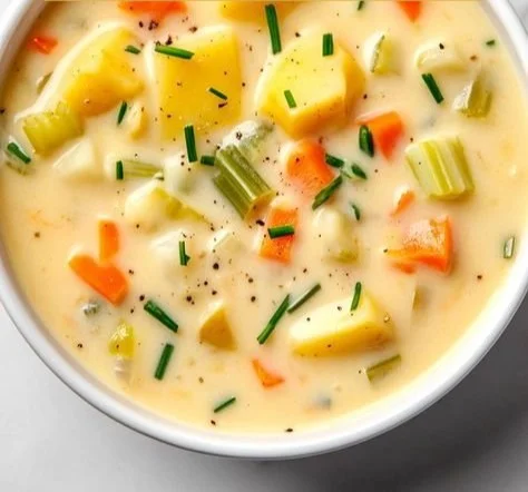 Bowl of homemade broth potato soup garnished with herbs