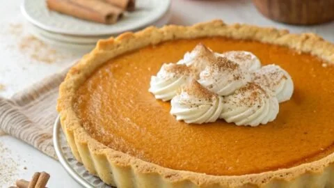 Homemade fresh pumpkin pie with a golden crust and whipped cream