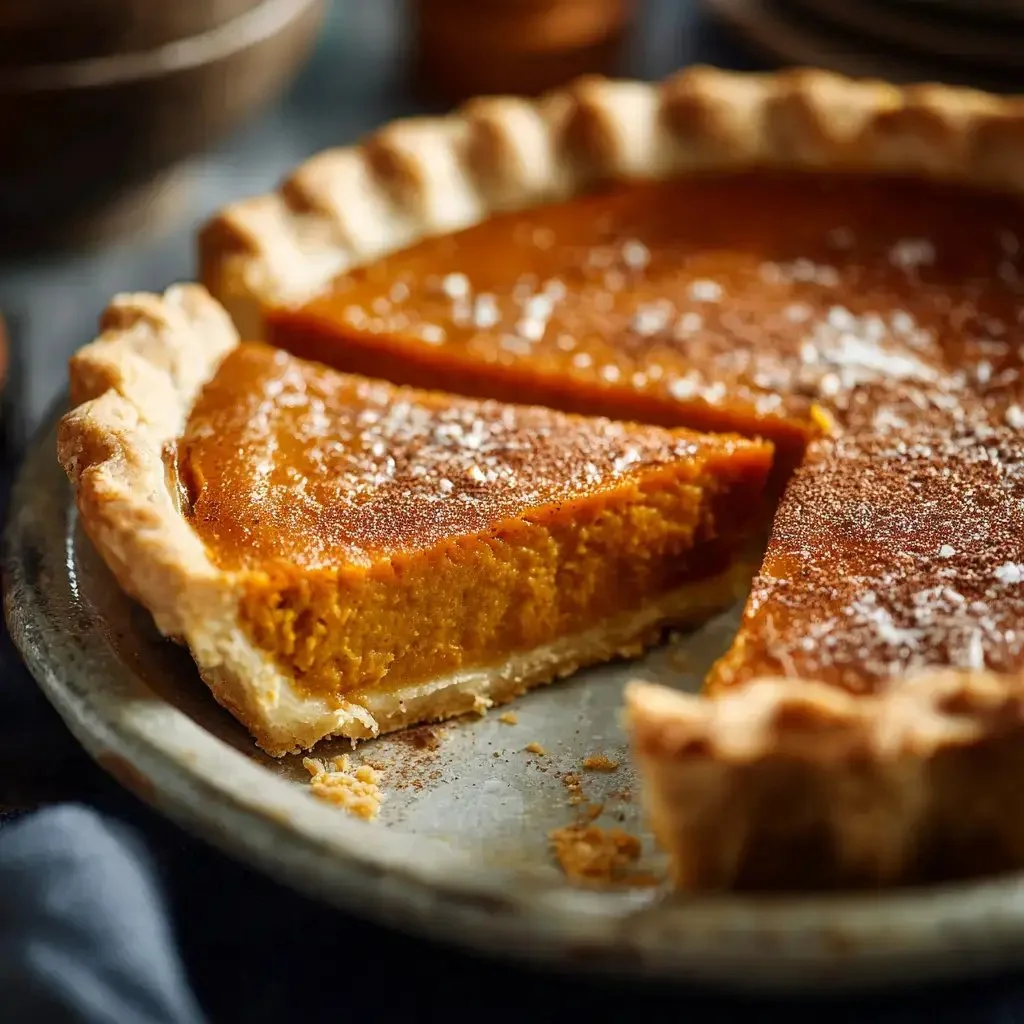 Homemade pumpkin pie with whipped cream on a rustic table setting.