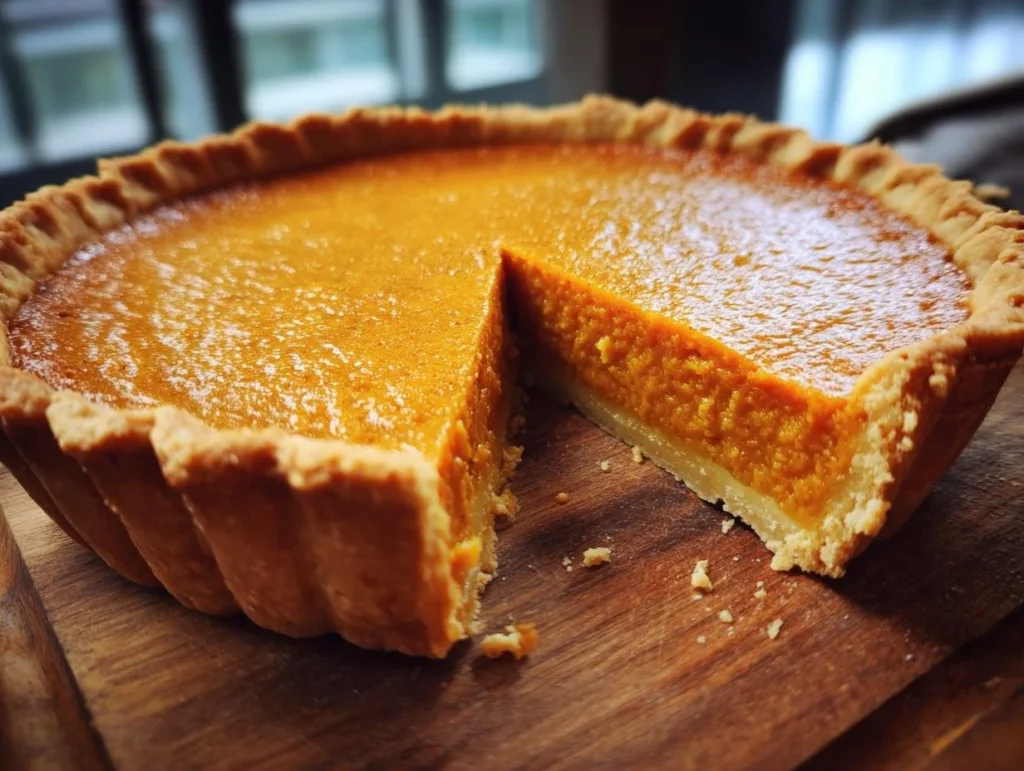 Homemade pumpkin pie with whipped cream on a rustic table