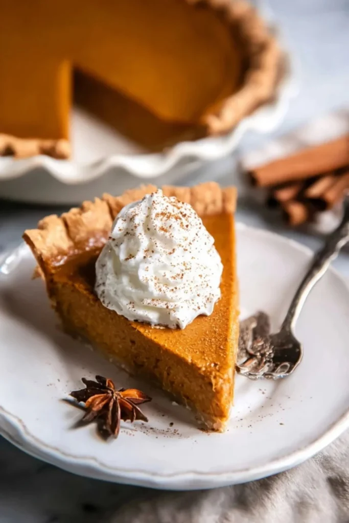 Delicious homemade pumpkin pie topped with whipped cream