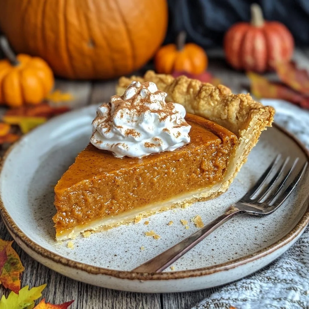 Homemade pumpkin pie with maple whipped cream served on a plate