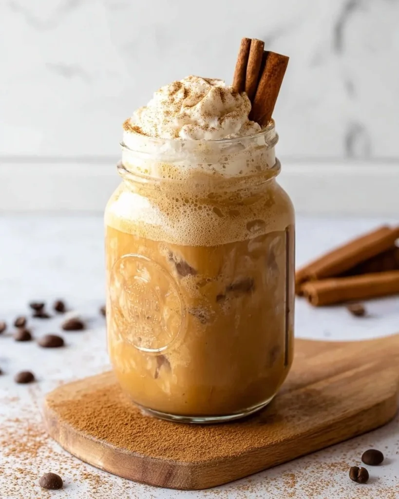 Iced Pumpkin Spice Latte in a glass topped with whipped cream and spices
