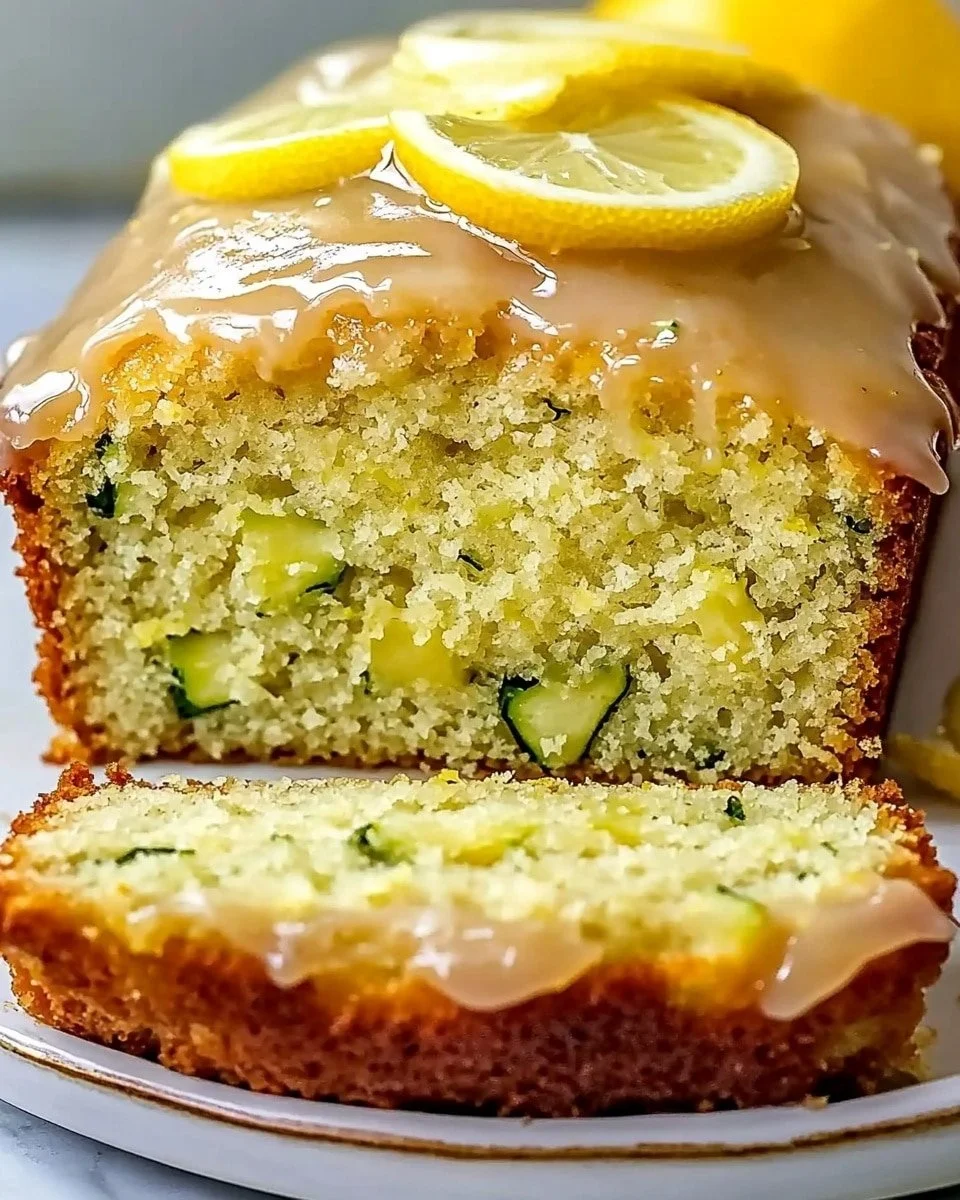 Slice of homemade Lemon Zucchini Loaf on a plate with lemon slices