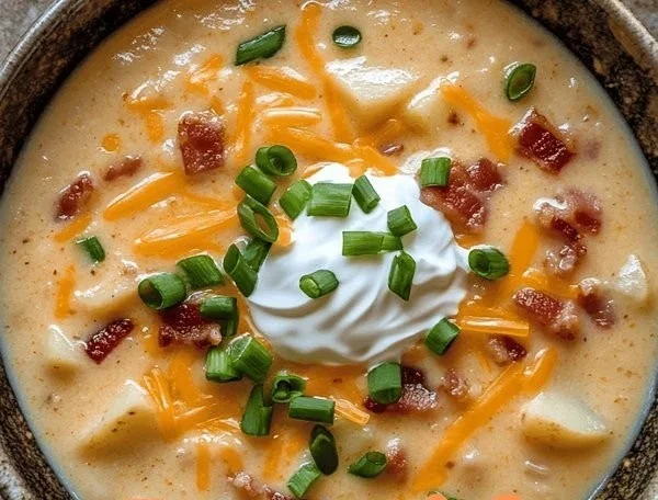 Creamy loaded baked potato soup garnished with cheese, bacon, and green onions