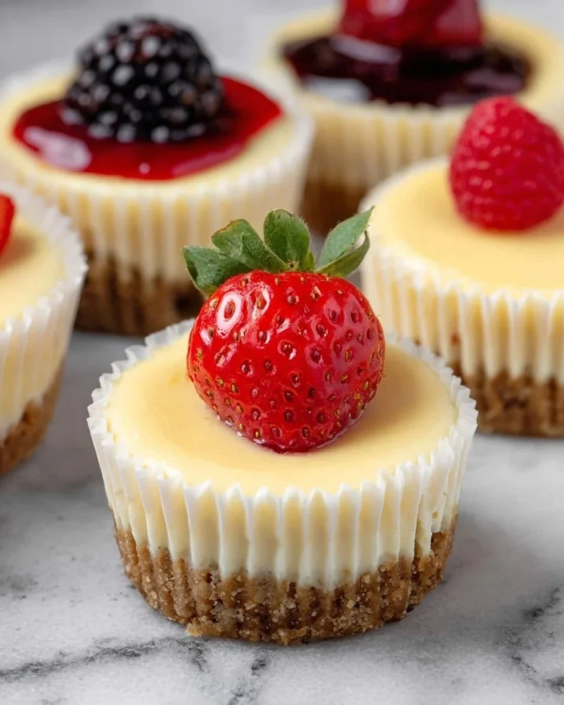 Delicious mini cheesecakes topped with fresh fruits