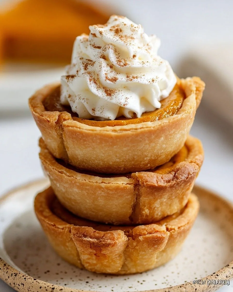 Delicious mini pumpkin pies served on a plate with whipped cream